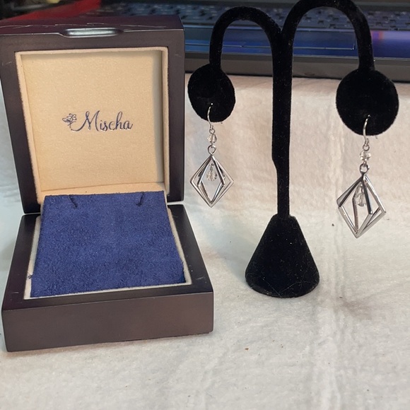 Mischa silver geometric cage drop earrings with crystals 2”. IOB - Picture 6 of 9